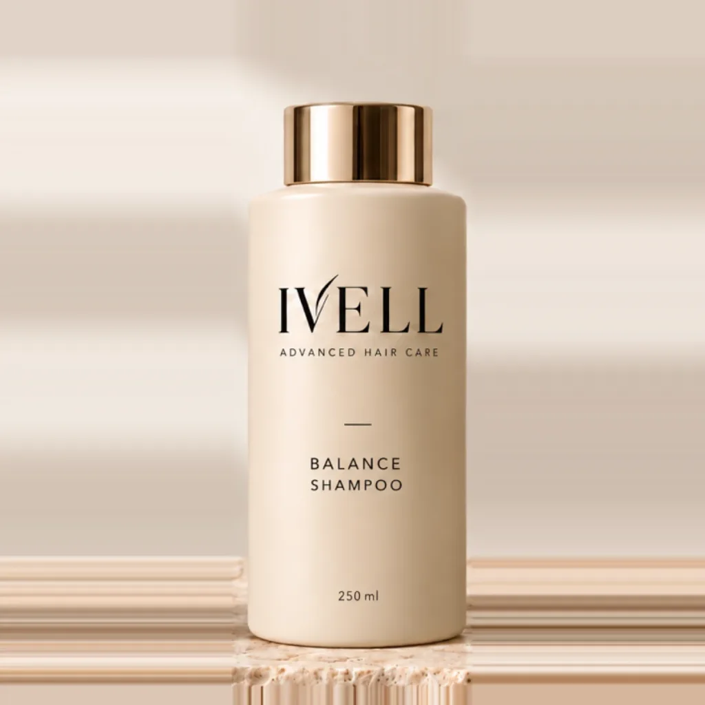 Frasco de 250 ml del champú IVELL Balance, color arena con tapón dorado, sobre una piedra de travertino.
