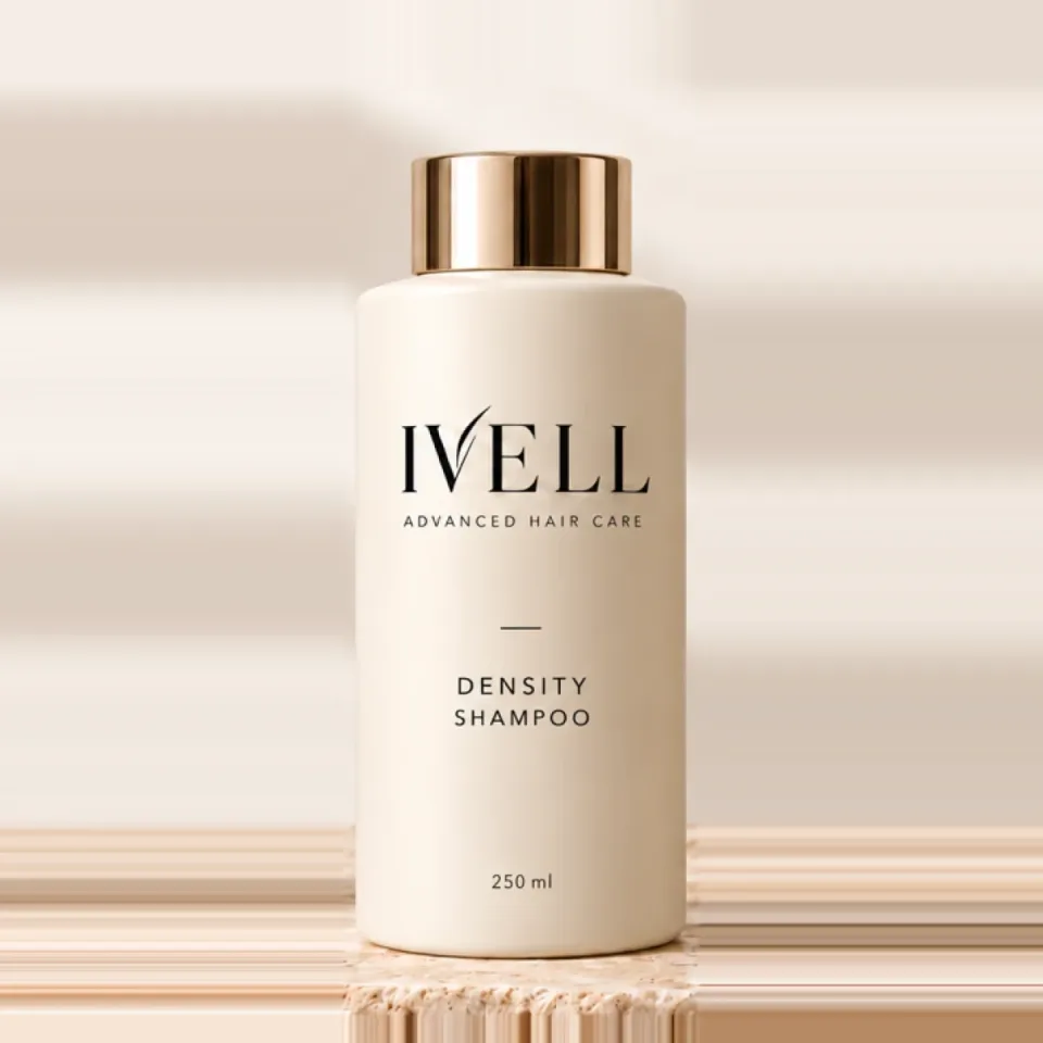 Frasco de 250 ml del champú IVELL Density, color crema con tapón dorado, sobre una piedra de travertino.