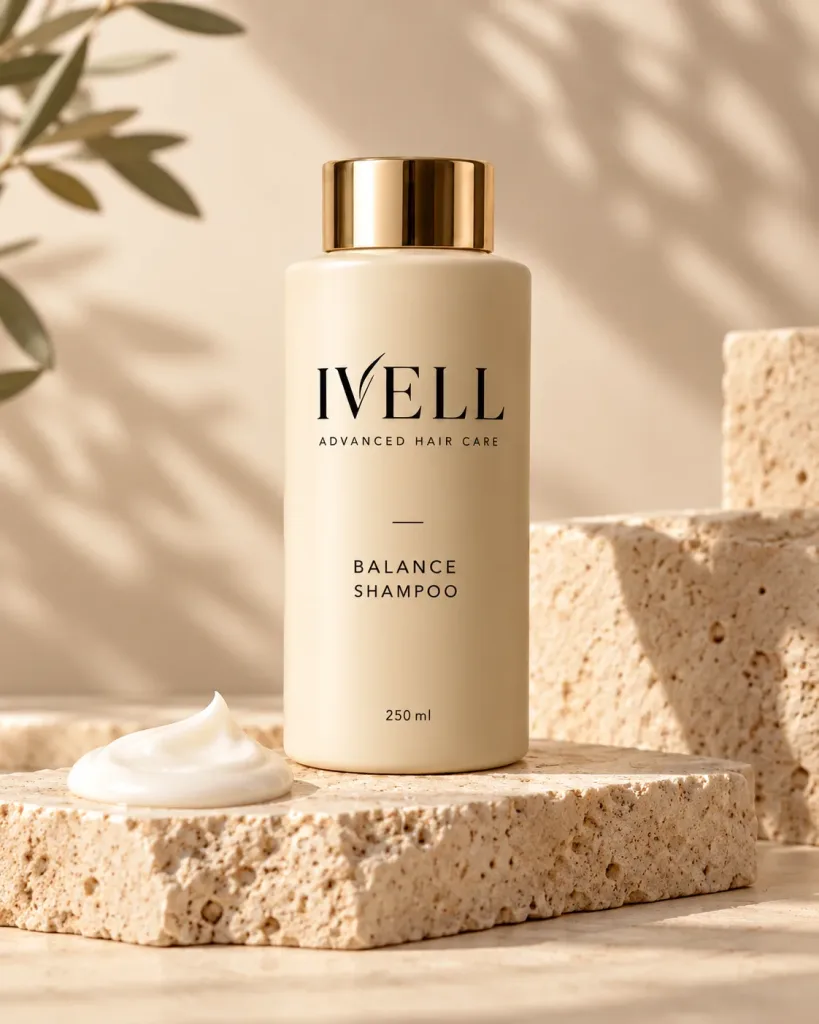 Frasco de IVELL Balance Shampoo sobre una losa de travertino, con una muestra de crema al lado y una rama de olivo.