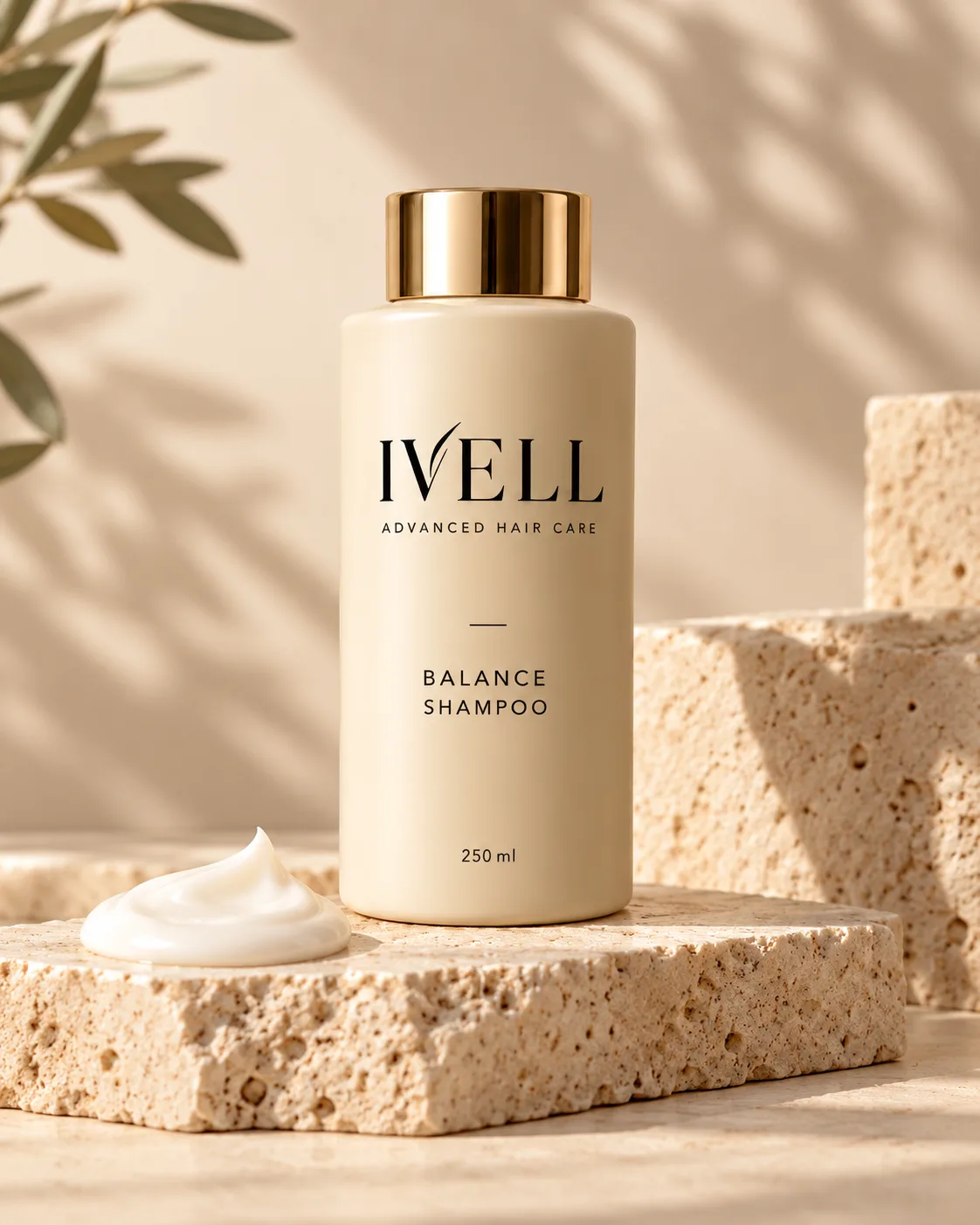 Frasco de IVELL Balance Shampoo sobre una losa de travertino, con una muestra de crema al lado y una rama de olivo.