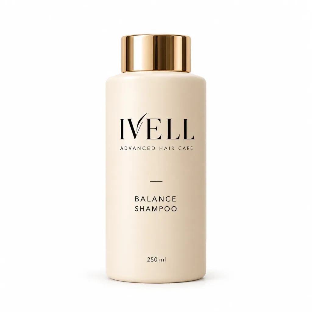 Frasco de 250 ml de IVELL Balance Shampoo con tapón dorado sobre fondo blanco.
