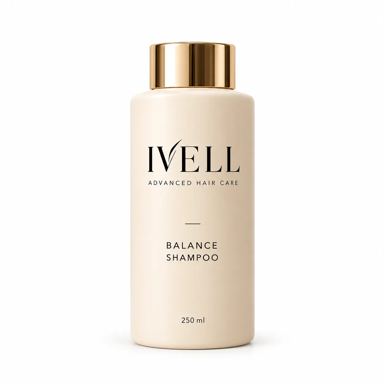 Frasco de 250 ml de IVELL Balance Shampoo con tapón dorado sobre fondo blanco.