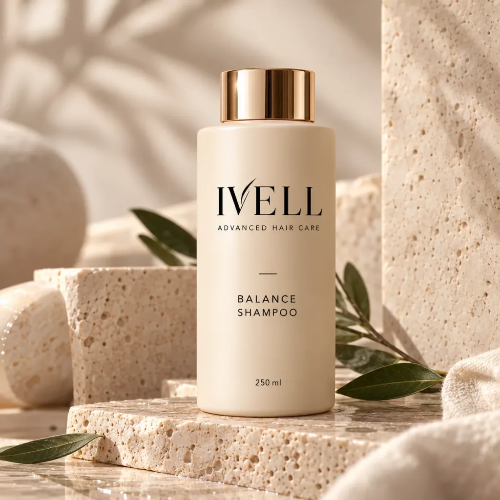 Frasco de IVELL Balance Shampoo entre piedras claras y hojas de olivo.