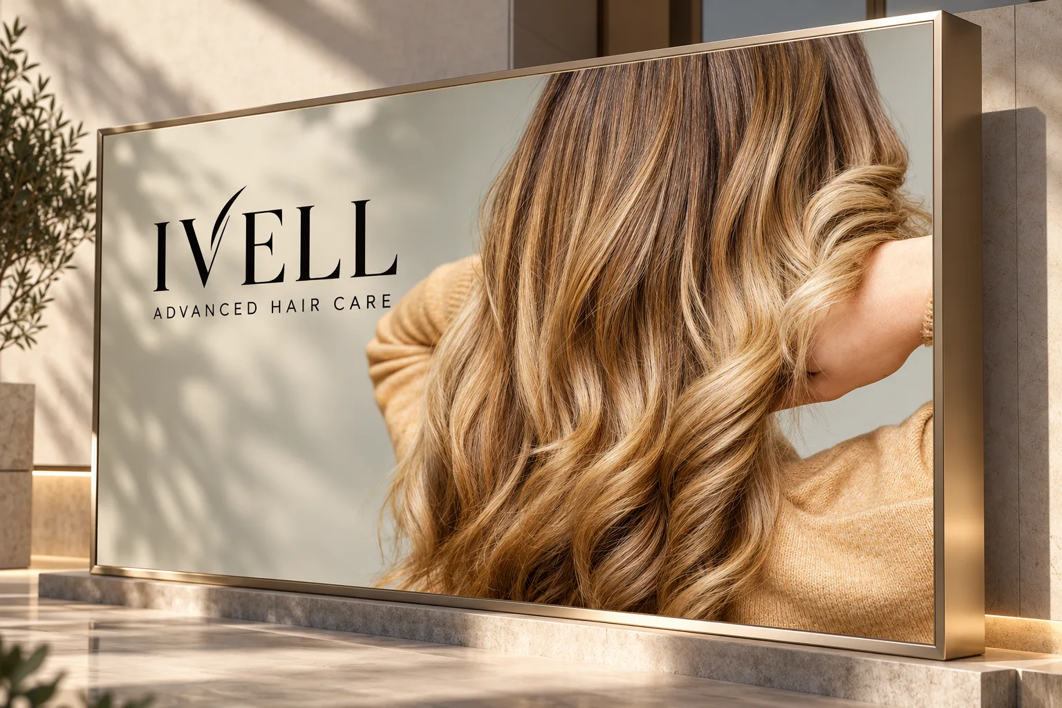 Cartel de IVELL Advanced Hair Care con una melena ondulada, enmarcado en dorado sobre la fachada de un local.