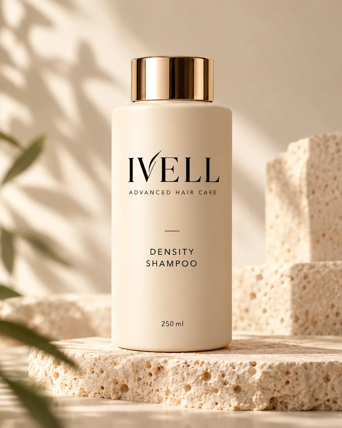 Frasco de IVELL Density Shampoo, color crema con tapón dorado, sobre bloques de travertino con luz cálida.