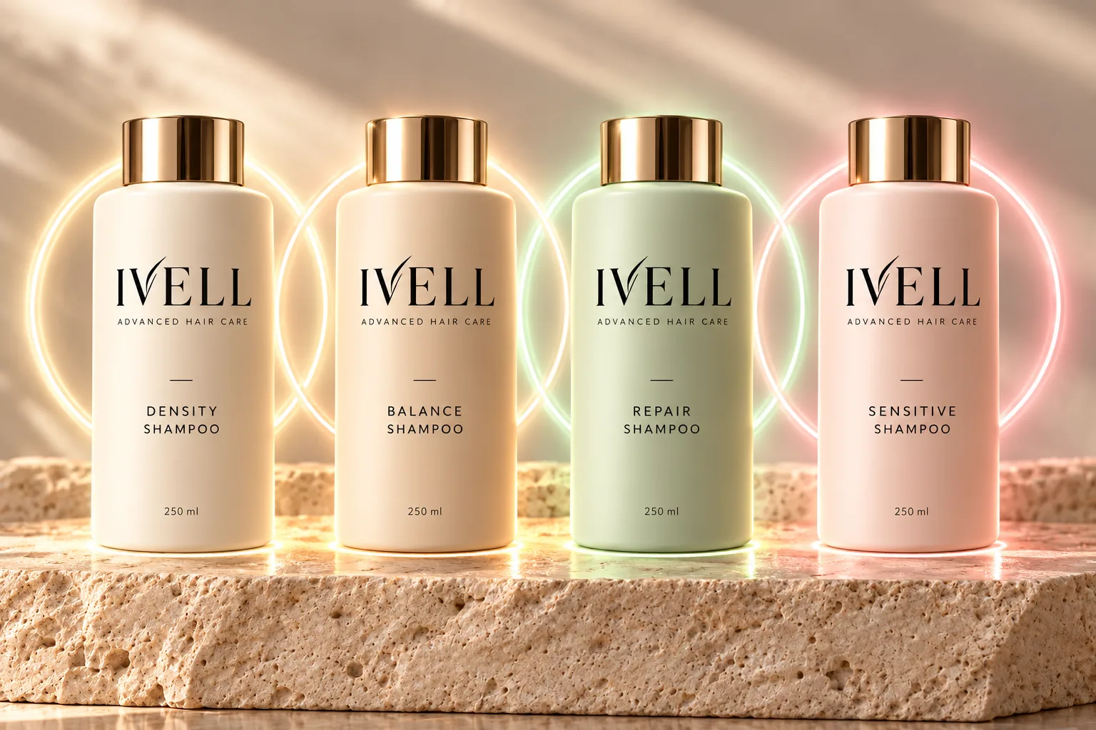 Los cuatro champús IVELL alineados sobre travertino, cada uno con un halo de luz de su color.
