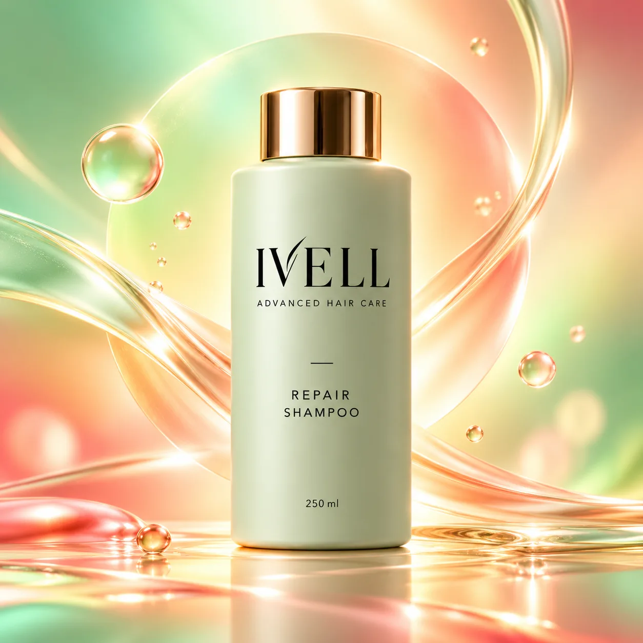 Frasco de IVELL Repair Shampoo entre burbujas y ondas de luz verde, rosa y dorada.