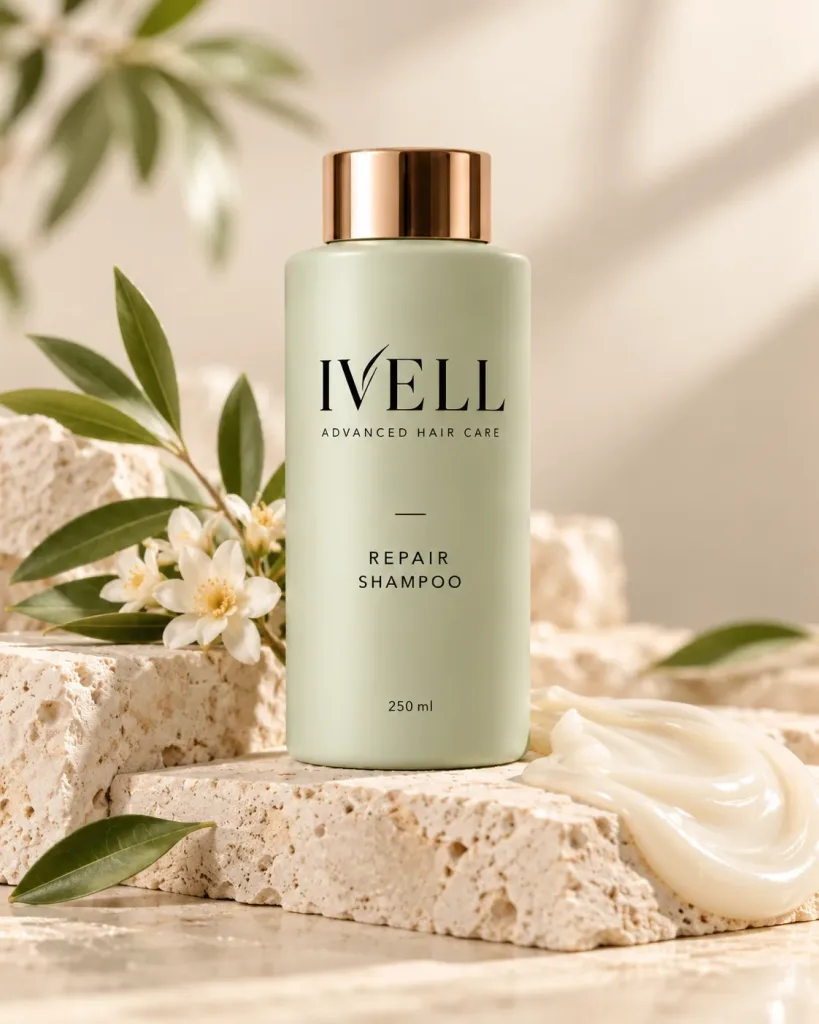 Frasco de IVELL Repair Shampoo sobre bloques de travertino con flores blancas y hojas.