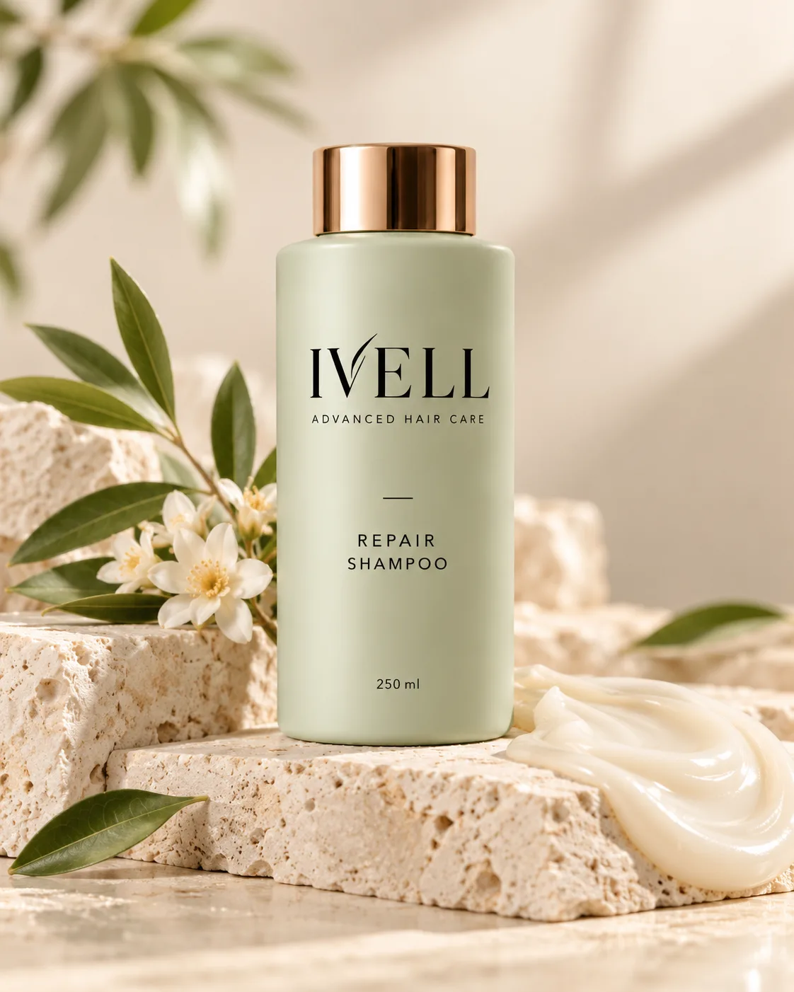 Frasco de IVELL Repair Shampoo sobre bloques de travertino con flores blancas y hojas.