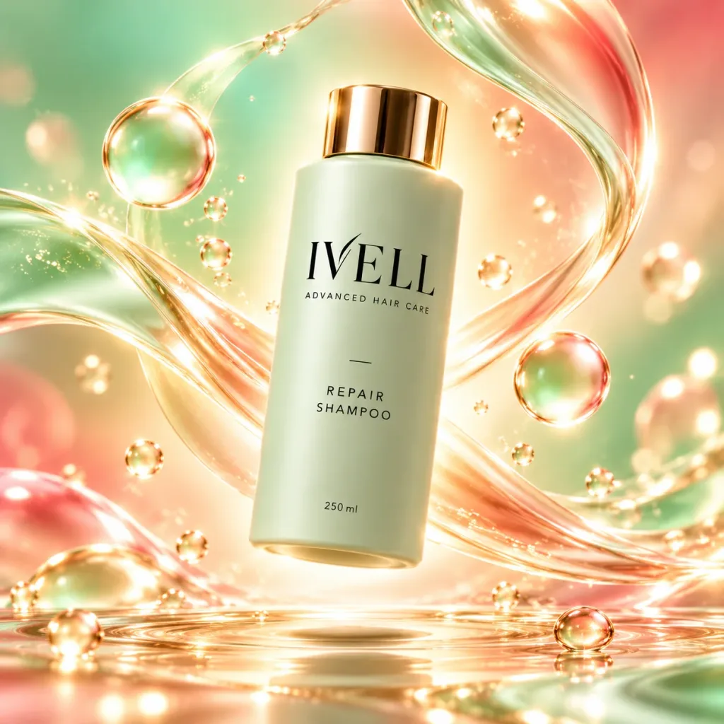Frasco de IVELL Repair Shampoo flotando inclinado entre burbujas doradas y ondas de color.