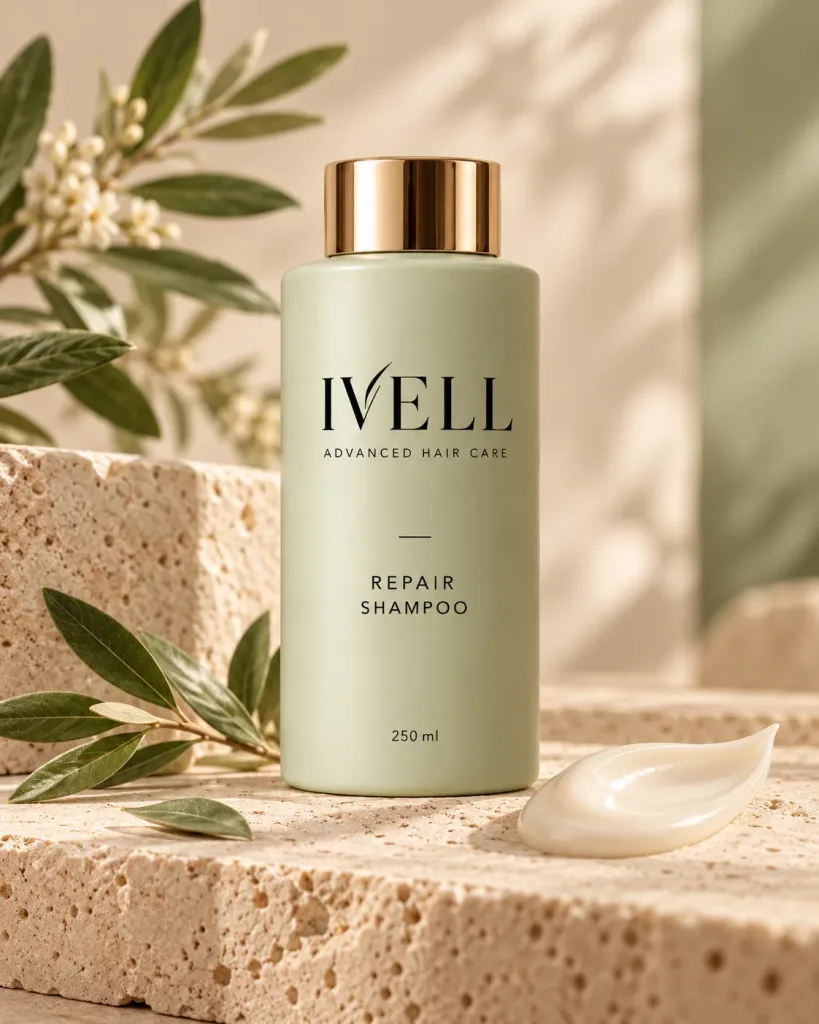 Frasco de IVELL Repair Shampoo, verde salvia, sobre travertino con una rama de olivo en flor y una muestra de crema.