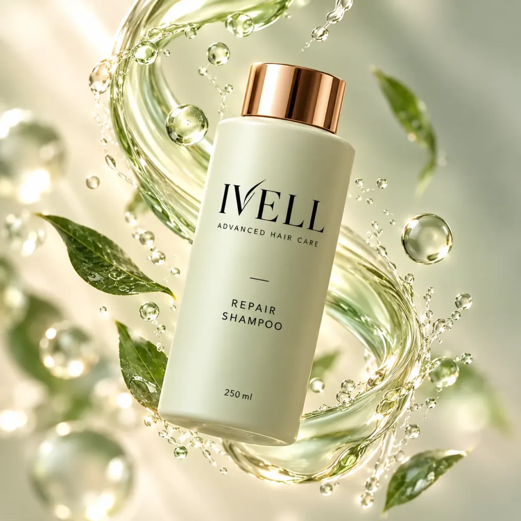 Frasco de IVELL Repair Shampoo inclinado dentro de un remolino de agua verde con burbujas y hojas.