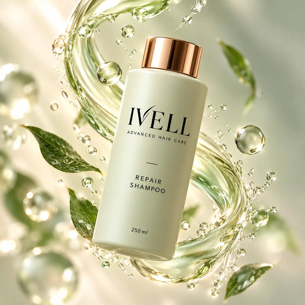 Frasco de IVELL Repair Shampoo inclinado dentro de un remolino de agua verde con burbujas y hojas.