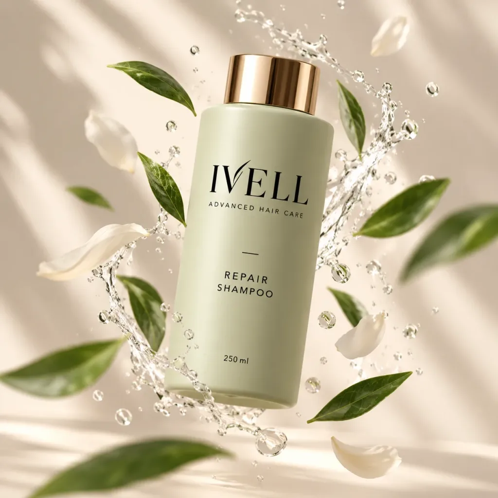 Frasco de IVELL Repair Shampoo flotando entre salpicaduras de agua, hojas verdes y pétalos.