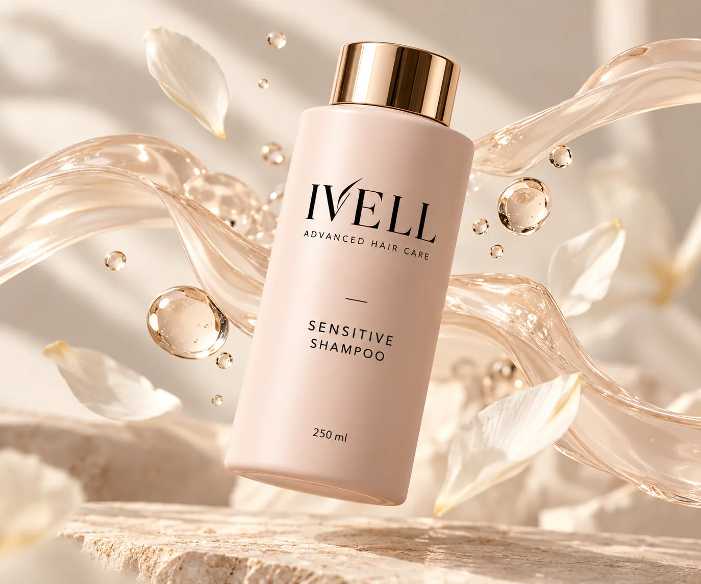 Frasco de IVELL Sensitive Shampoo, rosa empolvado, flotando entre pétalos blancos y ondas de luz.